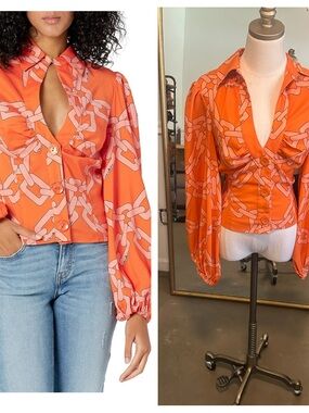CMEO collective “Mornings” Orange Chain-Print Long-Sleeve Button Front blouse
